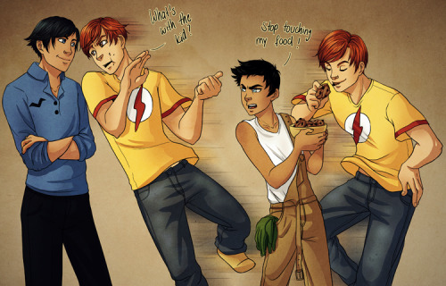 monkeyscandance:Commission done for Yumi-Scone.She wished for Damian, Dick and Wally interaction.COM