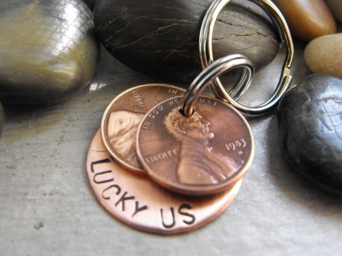 Lucky Us Keychain with 2 lucky pennies. Etsy Seller patsdesign  here..  You can get pennies with the