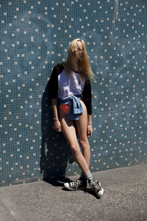 oystermag:  The Kiwis shot by Rene Vaile for Oyster #93. RVCA top, Billabong shirt (around waist), vintage swimsuit from Fast & Loose, Ruby socks, Converse shoes, Karen Walker ring 