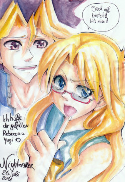 nightmaker:  Replayshipping :D One of the few heteroshippings I support.Of course she’s telling Anzu to fuck off *gg*It’s a conhon entry for someone. ^^ ( it has some horrible mistakes in it v_____v)My second attempt to try out watercolors, the paper