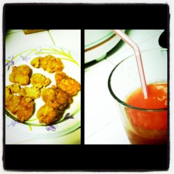 pop corn chicken and fruit smoothie  (Taken