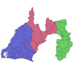 静岡県図より分析すると、左が浜松県（愛知県だと思われることもある）。隣が静岡県で緑色が神奈川県です