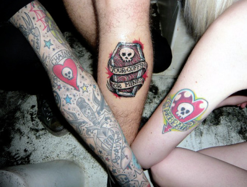 fuckyeahtattoos: This is my boyfriend, a friend of mine and me showing off our Alkaline Trio tattoos