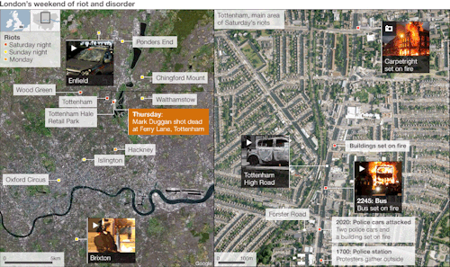 lienatik:London riots: Timeline and map of violence4 August - Mark Duggan, 29, is shot dead by polic