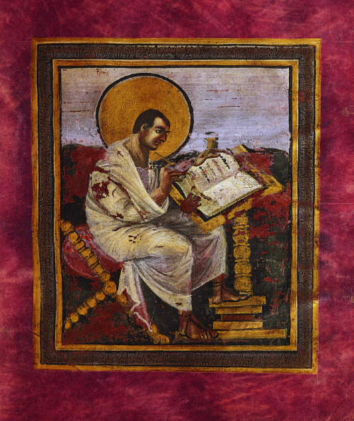 art-through-the-ages:Saint Matthew, folio 15 recto of the Coronation Gospels (Gospel Book of Charlem