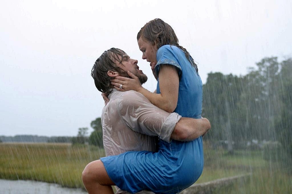 Women kissing in the rain