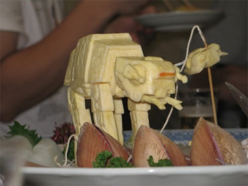 weareallfreaks:  Star Wars Sushi of the Day Sushi chef Okitsugu Kado, of Minayoshi Sushi in Osaka, turns regular vegetables into Star Wars sculptures. Most of these pieces are for show, and will unfortunately never be eaten (although they look a