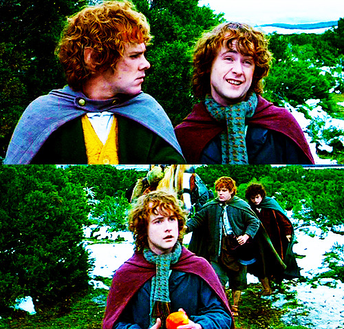 filmtrivia:  When Pippin is being hit with the apples after asking about second breakfast,