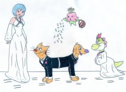  Request. Cat and Dog getting married to Aqua (Kingdom Hearts) and a female Yoshi, with Lalamon (Digimon) as the flower girl. 