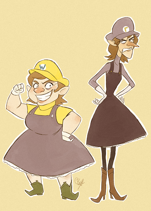 sensualsophisticate:  lunashadow:  rollingrabbit:  Super Mario Genderswaps! This was a super fun design challenge, and I’m pretty pleased with how they all turned out — especially Luigi. My favourite thing is how Waluigi just looks the usual design,
