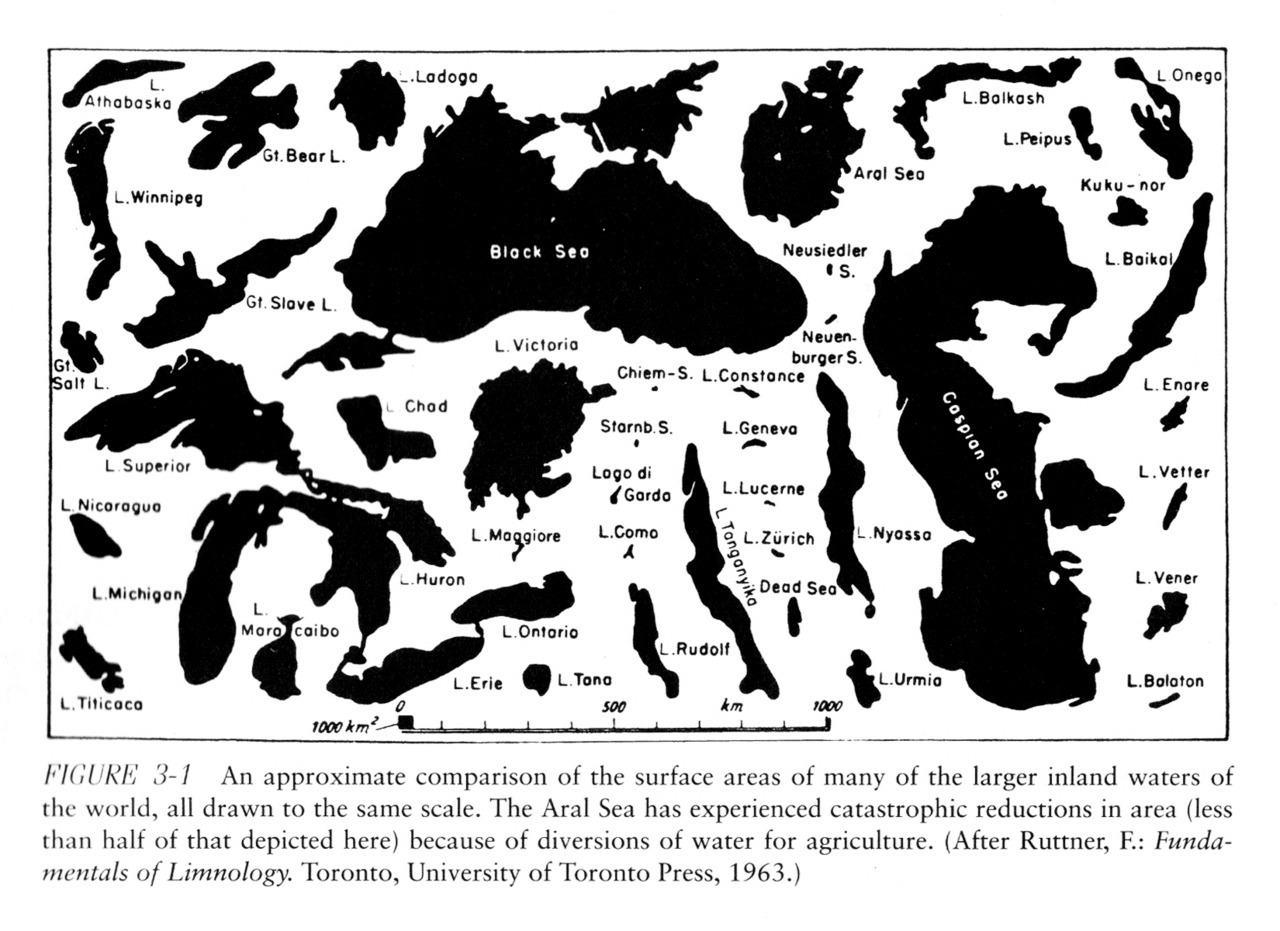 A diagram of an approximate comparison of the surface areas of the larger inland waters in the world (1963) by After Ruttner.