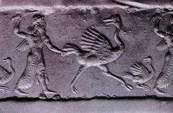 allmesopotamia:  A beautiful Sumerian seal. “The look on the ostrich’s face is priceless.” 