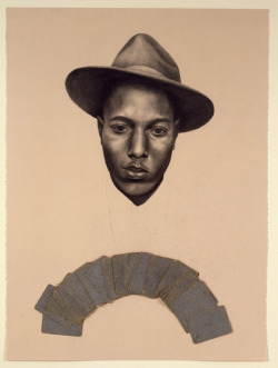 wildandpeaceful:   Kin XIX Conte crayon on paper, attached playing cards  Whitfield Lovell (via DC Moore Gallery)  