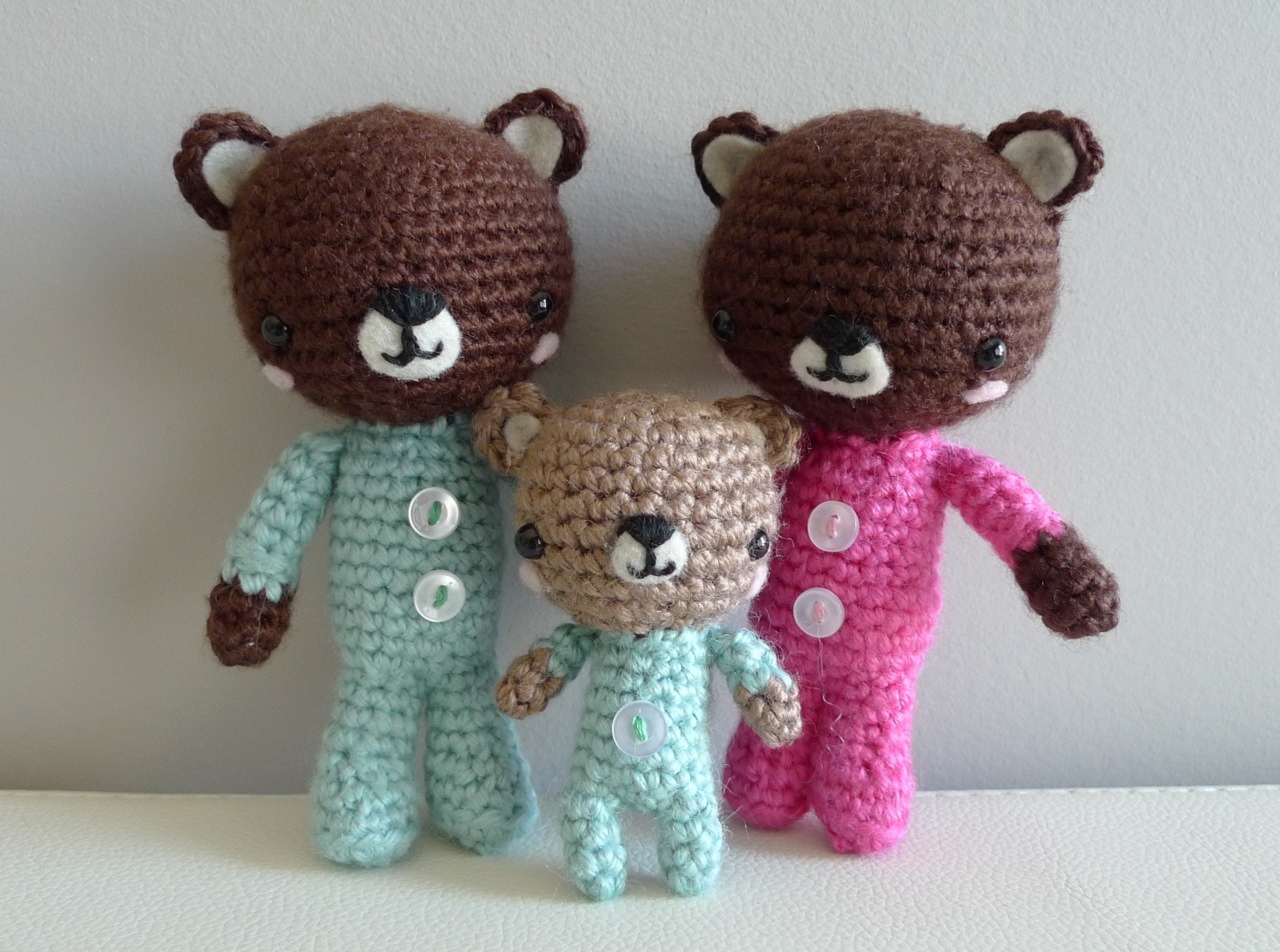 Here is the surprise addition to the P.J. Teddies: Baby P.J. Teddy! Aren’t they all cuties in their buttoned onesies? Full blog post and patterns to come soon :)