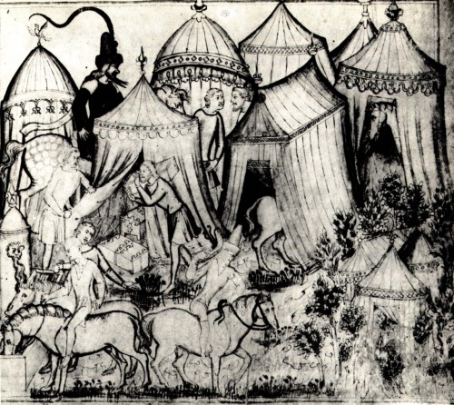 An Italian picture, c. 1360, showing a wide variety of tent constructions. Note, for example, the da