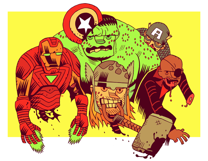 The Marvel Avengers take on a hunger for villainous brains in Dan Hipp’s rad new illustration. His art book is still on sale here for $21.
Related Rampages: A Fistful of Fett | Zombie Time (More)
Disassembly Required by Dan Hipp (Flickr) (Tumblr)...