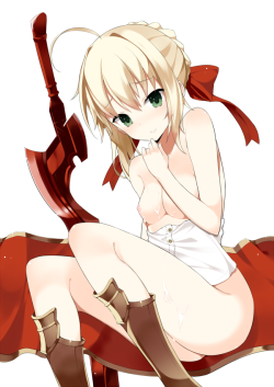 D-Flag:  Ahoge Bare Shoulders Blonde Hair Blush Bottomless Bow Breasts Cum Cum On