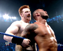 pervyrasslincaps:  Just when Orton thought that one rape threat had been overcome, in comes another one from over the horizon. In the form of an African-American weightlifter.  Uh&hellip;.O.O Both Sheamus and Randy look like they are enjoying themselves!