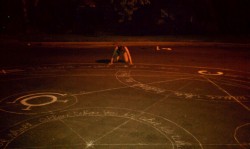  zukois2innocent: That’s right, it’s a 38 foot wide human transmutation circle! Took four hours and two buckets of chalk, completed by me and my two buddies in my cul-de-sac. Covered in chalk and asphalt from head to toe, and neighbors may or may