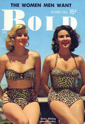 retrogirly:  Anita Ekberg and Mara Corday in leopard print swimsuits. BOLD 1955