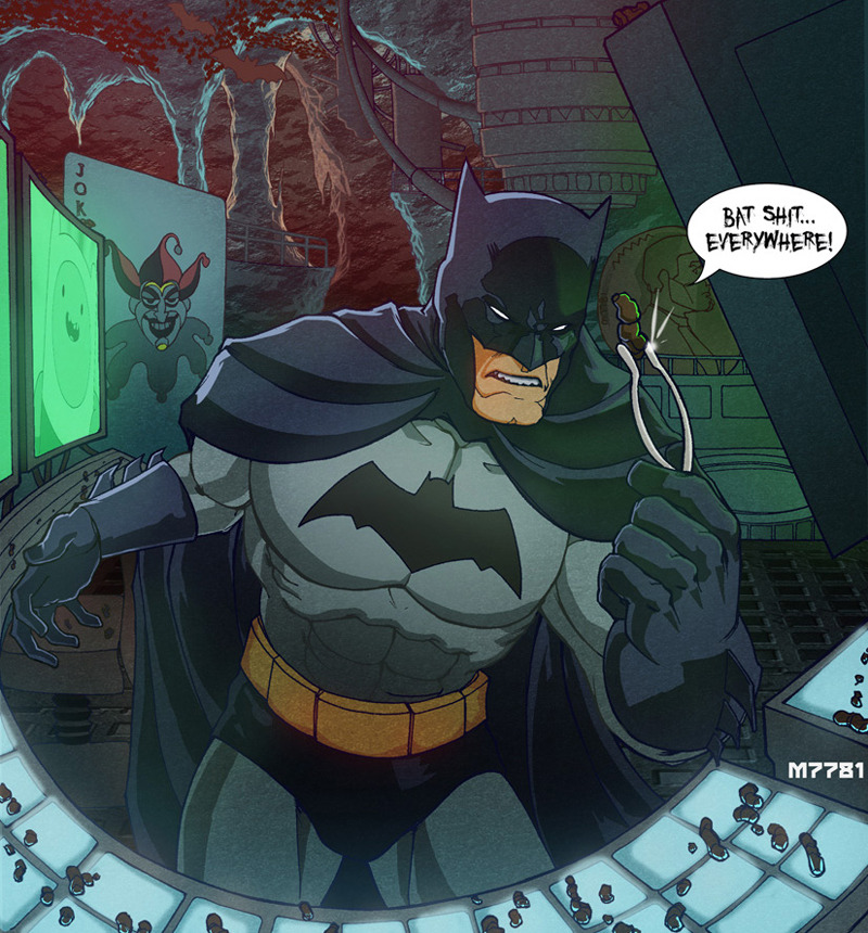 Owning a secret hideout, such as the Batcave, you have to expect a little bat shit here and there. Hilarious illustration by Marco D’Alfonso.
Also, Batman apparently loves watching Adventure Time!
Related Rampages: Mega Mario | Iron Man / Astroboy...