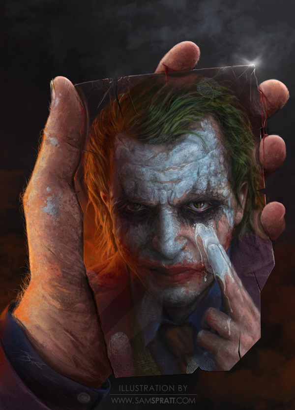 Sam Spratt gives us a unique first person view of the Joker getting ready for trouble in his new stunning painting. Although based off of the Dark Knight Joker, it’s not modeled after Heath Ledger. Art prints are available at his new store.
The Joker...