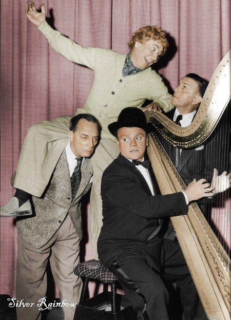 James Cagney, George Burns, and Buster Keaton horse around with Harpo Marx