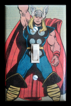 herochan:  Superhero Light Switch Plates - by Intergalactic Design Nylon switch plate made from vintage 80s comic book pages, adhered with archival PVA glue. Two coats of crystal clear, satin polyurethane for long life. White switch plate screws included.