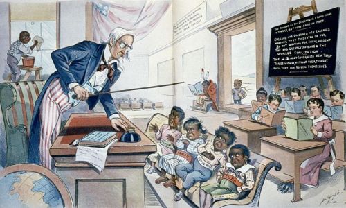 zuky:  zuky:  This 1899 cartoon published in Puck magazine depicts Uncle Sam menacingly waving a stick at children labeled Philippines, Hawaii, Puerto Rico, and Cuba, as well as a Native American boy next to the door holding a book upside down, a Chinese