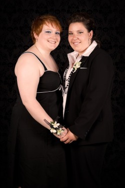 stophatingyourbody:  I’m Katherine (I’m wearing the suit) this is me and my girlfriend Catherine at my very small catholic french high school prom.  I’ve been the outcast all my life for being big, gay, weird and ugly.Here we won cutest couple
