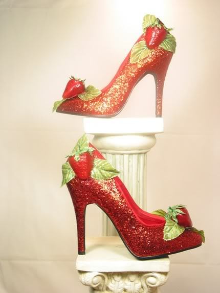 prettysugarlife:[Image: Photo of sparkling red heels with plastic leaf and strawberry embellishments