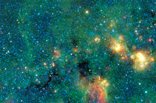 rhamphotheca:
“ The Dark Places in Between
by Tom Chao
This infrared image from NASA’s Wide-field Infrared Survey Explorer (WISE), shows that some gas clouds are so cool and thick that even infrared can’t penetrate them. The clouds colored green,...