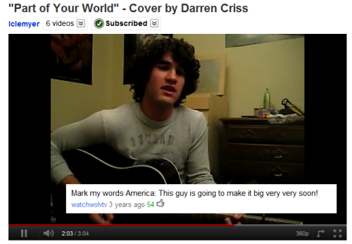 jpierrepontcriss:iiheeartyouu:This person was one of the first to comment on Darren Criss’ video, th