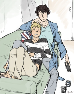 double requested &gt;8P robinhood221b: Sherlock and John couch cuddling fluff? :D &lt;3 liferockingitout: Can you draw Sherlock and John cuddling on the couch and watching crap telly? I&rsquo;d love you forever?