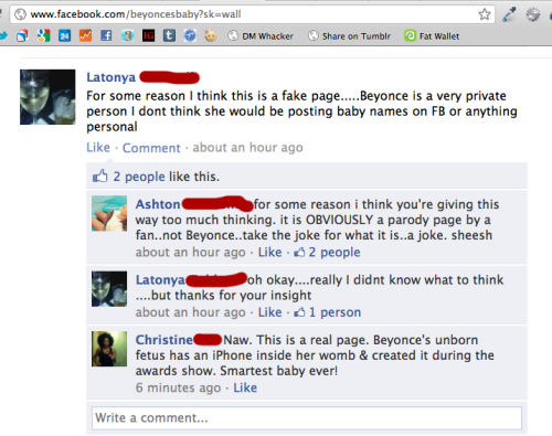 Someone created a “Beyonce’s Baby” Facebook page. And yes, someone took it seriously. O___O.
LMAO @ Christine’s response.