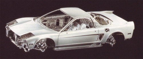 beautifullyengineered:  The Honda NSX chassis is Beautifully Engineered The NSX was the first production car to feature an all-aluminum monocoque body, incorporating a revolutionary ultra-light yet extremely rigid extruded aluminum alloy frame and front