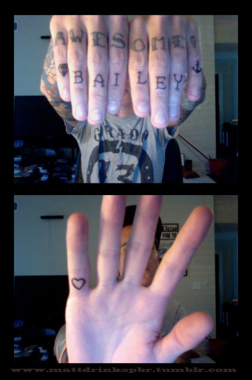 tristyntothesea:  fuckyeahtattoos:  I got the ‘AWESOME!’ on my upper knuckles about 7 years ago now. the ! on my pinky is actually an upside down beer bottle. I got the BAILEY on my lower knuckles because it’s my daughter’s name and I had to