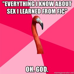 fuckyeahfanficflamingo:  [“EVERYTHING I KNOW ABOUT SEX I LEARNED FROM FIC” (Fanfic Flamingo) OH. GOD.]    Sad but true. and i am complimented on my blowjob technique. &gt;.