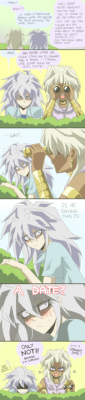 ohmaliciousme:  sillyyugiohfanon:  (high res because tumblr is stupid) I think this might be my favorite derpy!Marik thiefshipping comic.  This made me giggle; It’s so cute  