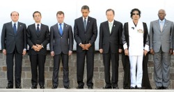 Lineup of G8 leaders and Muammar Gaddafi (Chairman of the African Union) at a summit in L’Aquila, Italy - July 9, 2009.