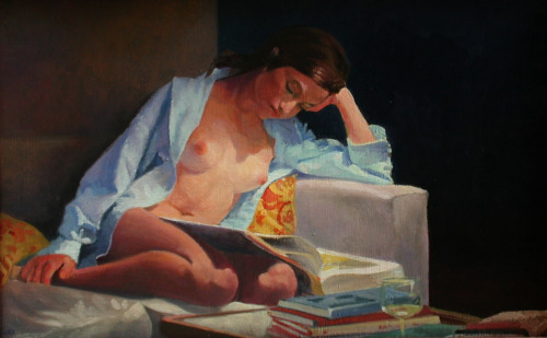 nearinfrared: wenchofthescullery: @nearinfrared NUDE READING oil on panel  9.5x16 by Nigel Van 