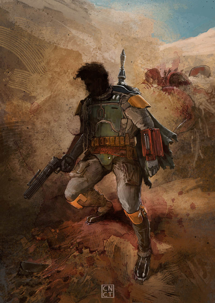 Unmasked Boba Fett climbs out of the mangled Sarlaac remains in CarlosNCT’s new Star Wars fan art piece. It’s a bloody mess!
10 limited edition prints are available for purchase at Artoyz.
Fett and the Sarlaac by CarlosNCT (Blog) (deviantART)...