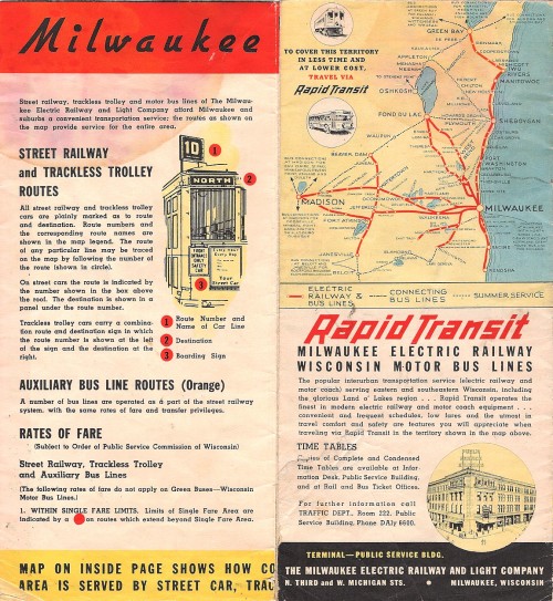 INSIDE OF 1937 MILWAUKEE STREET RAILWAY, TRACKLESS TROLLEY & MOTOR BUS GUIDE