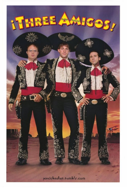 panicbasket:
“ The Three Amigos
Dwight “Lucky Day” Schrute, Jim “Dusty Bottoms” Halpert, and Michael “Ned Nederlander” Scott.
”