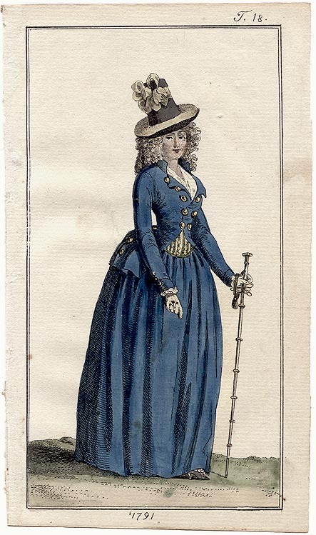damesalamode:Journal des Luxus, 1791. Exquisite blue riding habit!  Love the striped waistcoat peeki