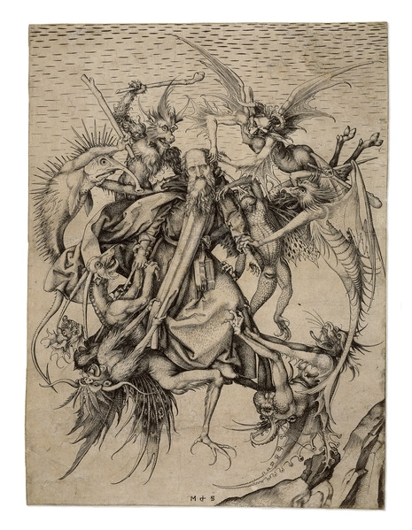 1. The Temptation of St. Anthony by Martin Schöngauer c. 1480-90. Engraving. 2. Wolfe Lenkiewicz - W