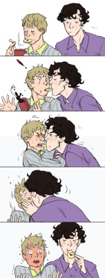 i uh used a jammie dodger instead of pocky and uh made it considerably less romantic but uh, hm lost-pages: Could I make a request? You know that scene in Lady and the Tramp where  they share a noodle? Well could you do that with Sherlock and John, but