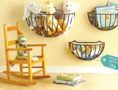 Garden hanging planters repurposed for catch-all storage.  Does the word &ldquo;Adorbs&rdquo; work h