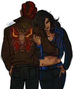 failuretoland:  ren-ne-rei:  Pseudo-colored a Mindfang &amp; Summoner sketch from recent lunchbreaks. Every time I draw them it just sort of derails… this time it’s… 80s biker gang? Tacky leather jackets, the AU.  I came 