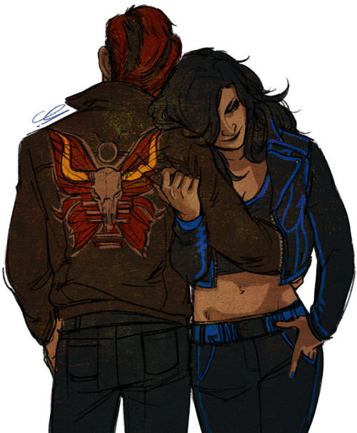 failuretoland:  ren-ne-rei:  Pseudo-colored a Mindfang & Summoner sketch from recent lunchbreaks. Every time I draw them it just sort of derails… this time it’s… 80s biker gang? Tacky leather jackets, the AU.  I came 